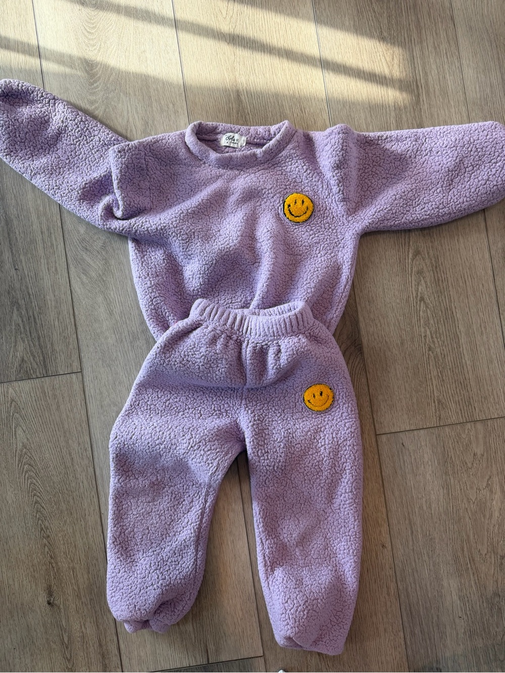 Lola + The Boys Lavender Plush Jogger Bottoms with Yellow Smiley Patch